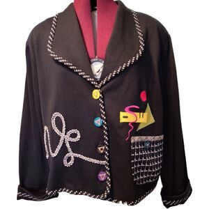City Girl Sport Vintage Colorful Embroidered Black Blazer Jacket Size L Women's